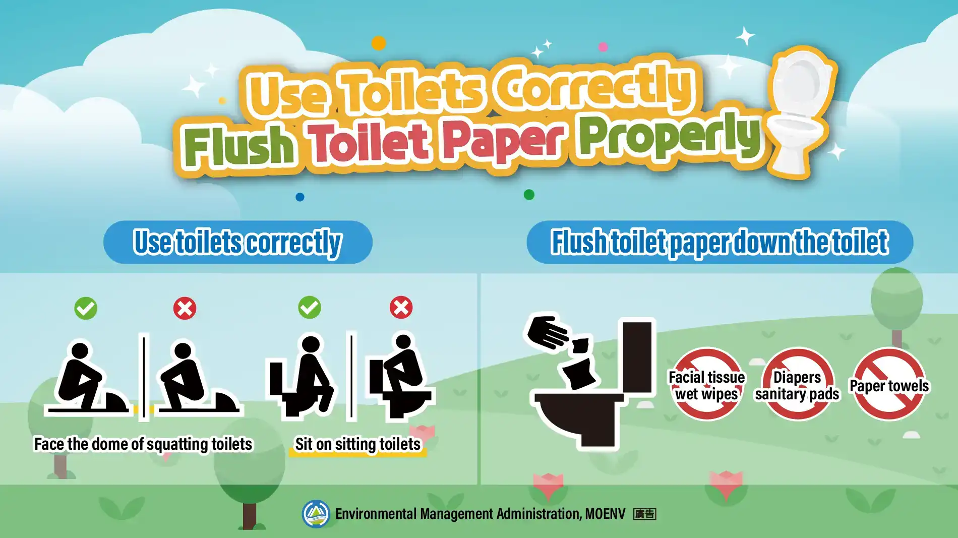  Use the toilet correctly, dispose of toilet paper correctly 